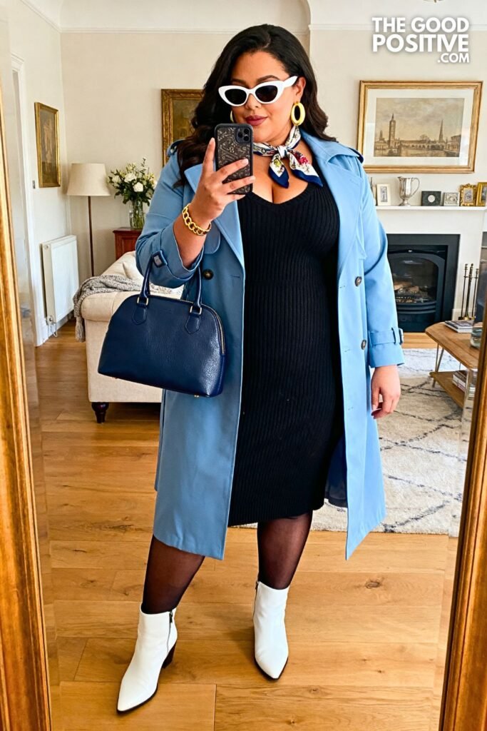 Powder Blue Trench Coat Over Black Knit Midi Dress With White Ankle Boots