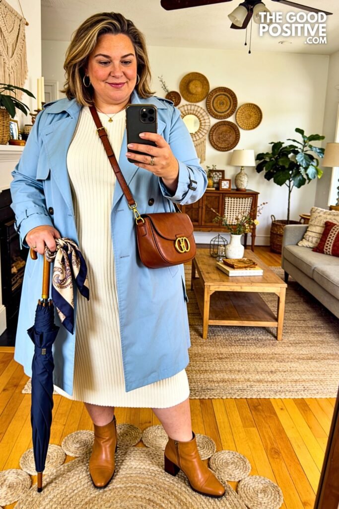 Powder Blue Trench Coat Over Cream Knit Dress