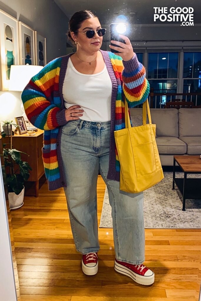 Rainbow Stripe Knit Cardigan With White Tee, Wide-Leg Jeans And Canvas Sneakers