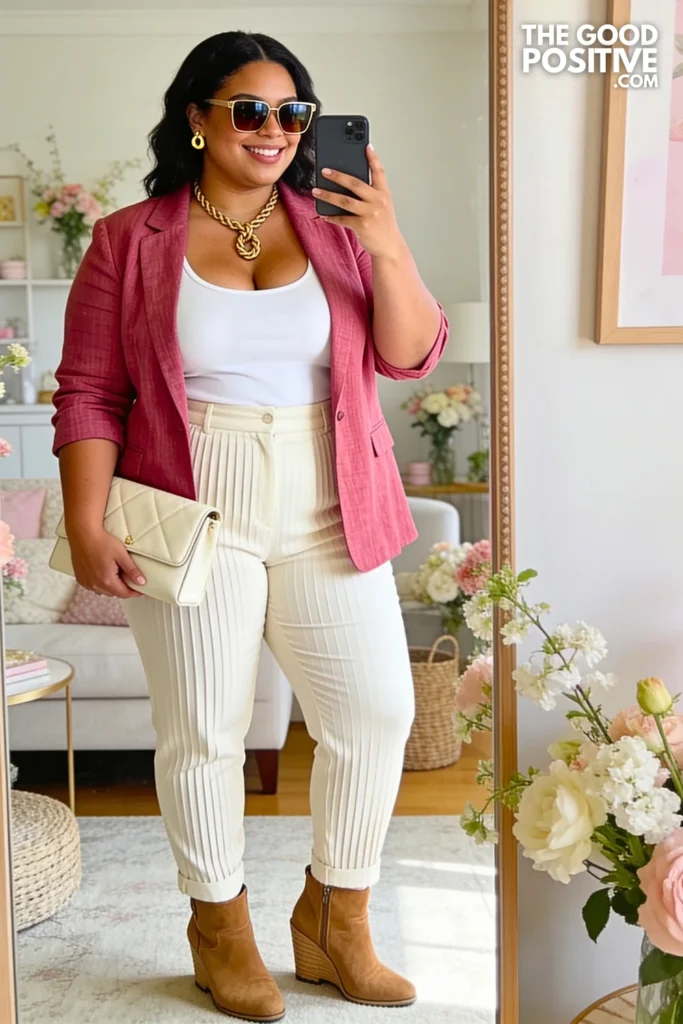Raspberry Pink Linen Blazer With Cream Pleated Trousers