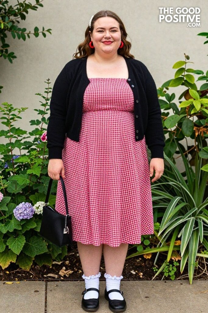Red Gingham Square Neck Midi Dress With Black Cropped Cardigan