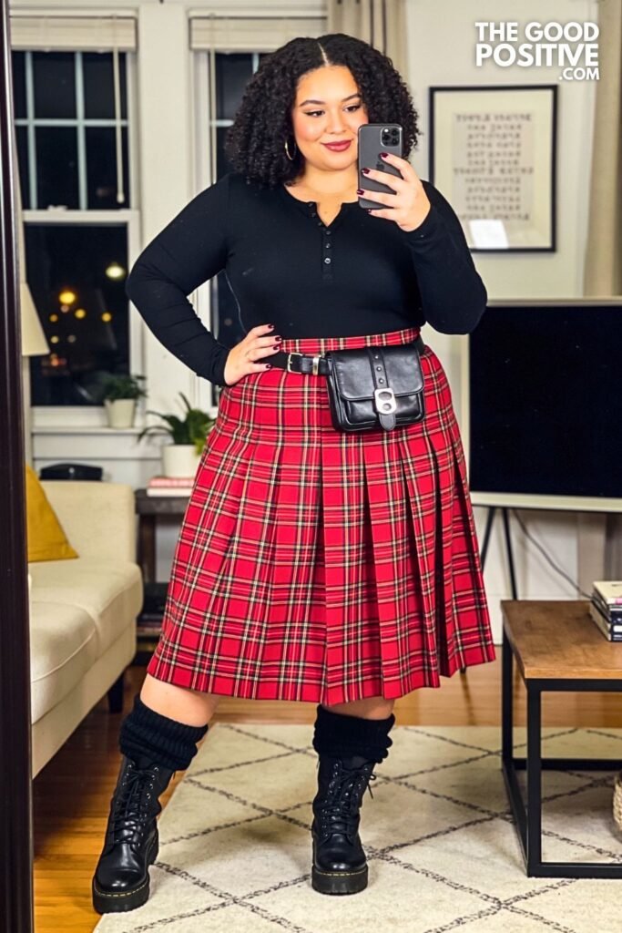 Red Tartan Pleated Midi Skirt With Black Henley And Moto Boots