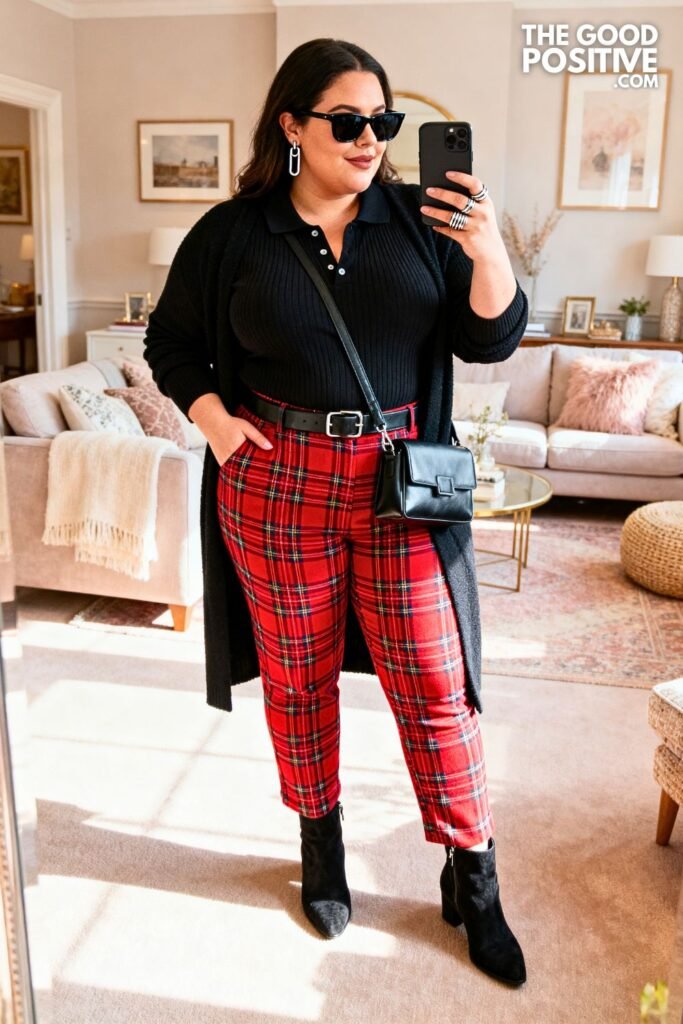 Red Tartan Straight-Leg Trousers With Black Fine-Knit Polo And Suede Ankle Boots
