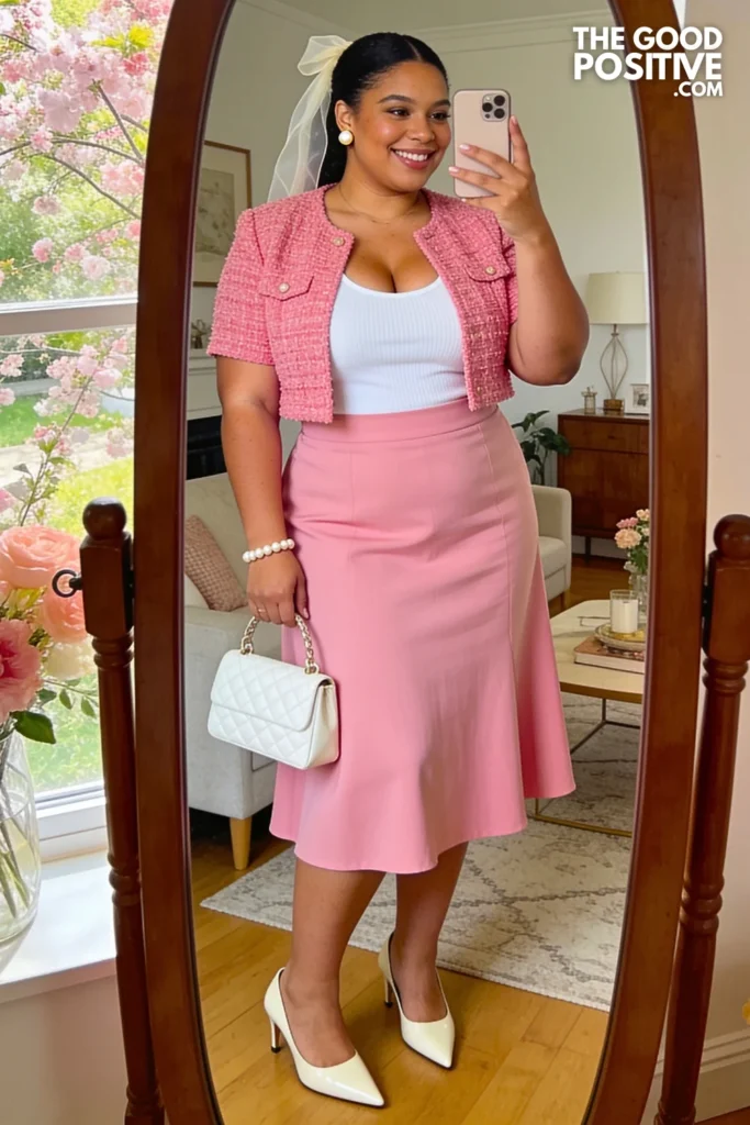 Rose Pink Bouclé Skirt Set With Pearl Buttons