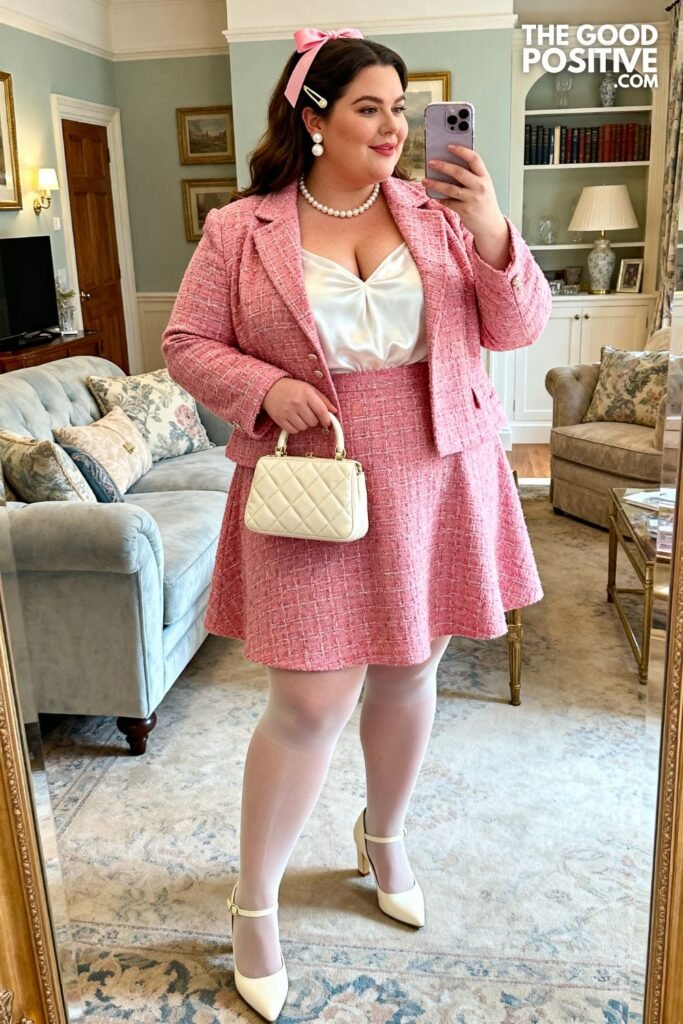 Rose Pink Tweed Skirt Suit With Pearl Accessories And Cream Ankle-Strap Pumps