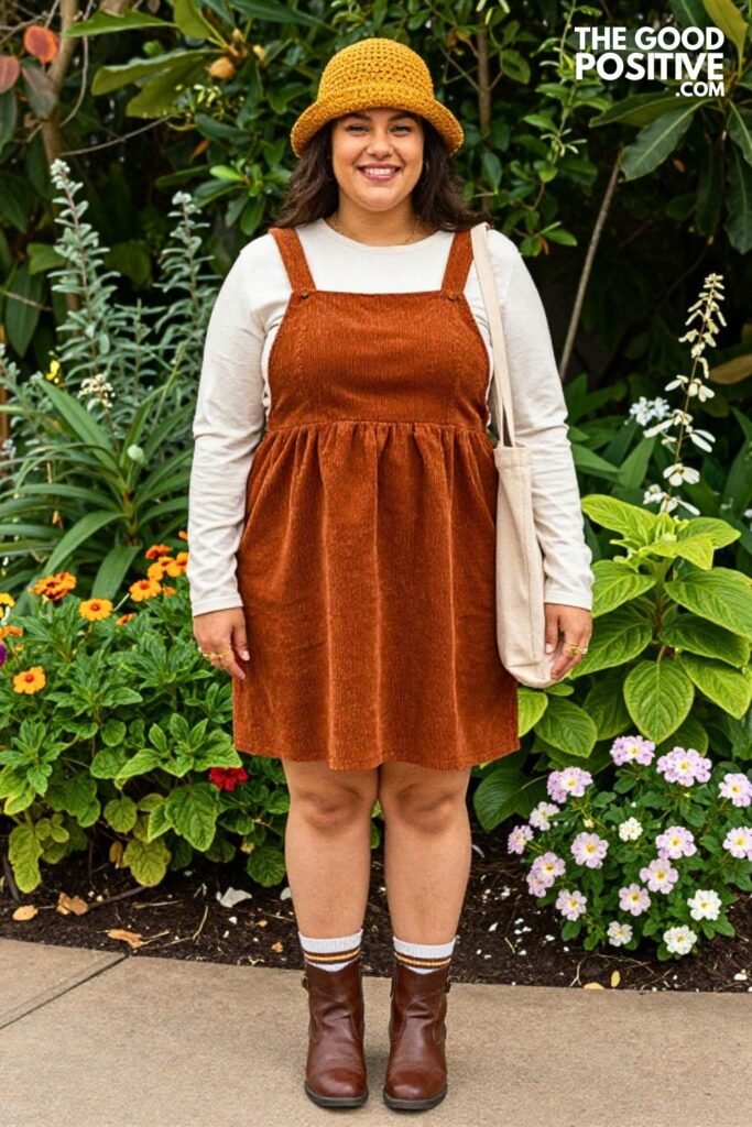 Rust Corduroy A Line Pinafore Dress With Ivory Long Sleeve Tee