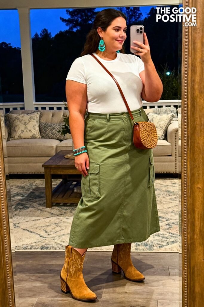 Sage Green Cargo Maxi Skirt With Hip-Length Baby Tee And Western Boots