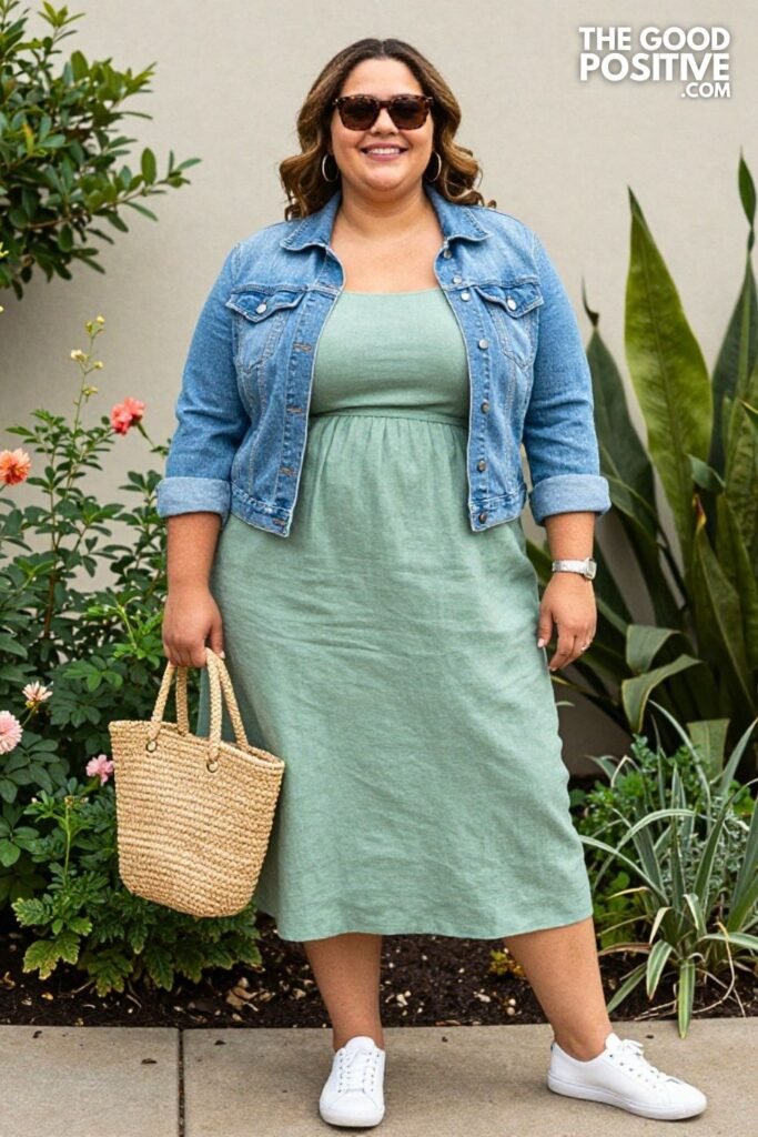 Sage Green Empire Waist Linen Midi Dress With Cropped Denim Jacket