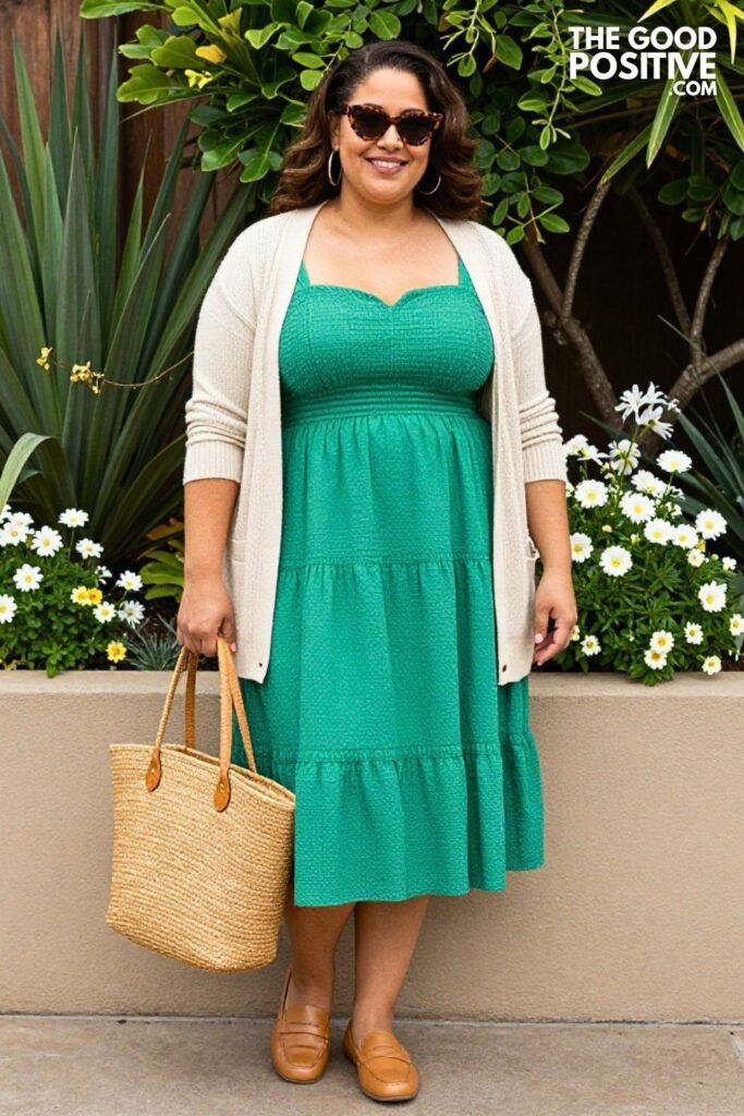 Sage Green Empire Waist Poplin Midi Dress With Tan Loafers