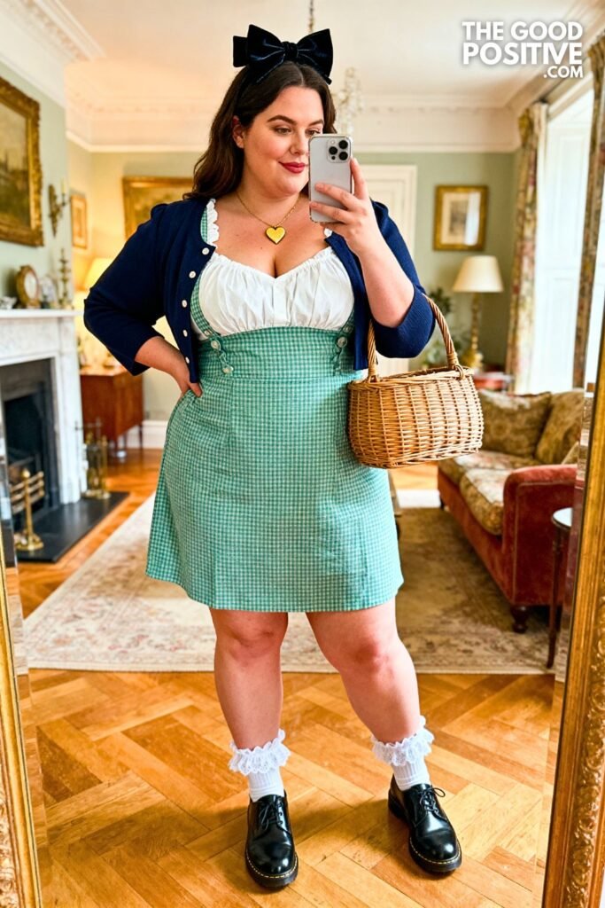 Sage Green Gingham Pinafore Dress With Puff-Sleeve Blouse And Oxford Shoes