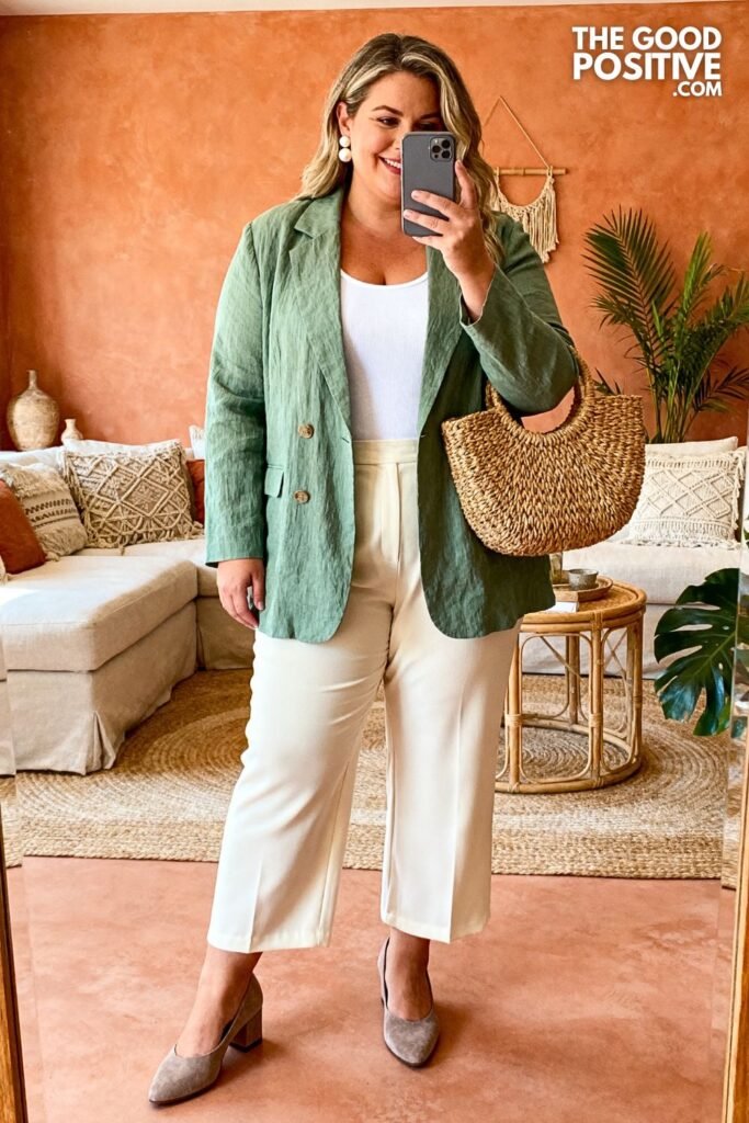 Sage Green Linen Blazer With Cream Wide Leg Trousers