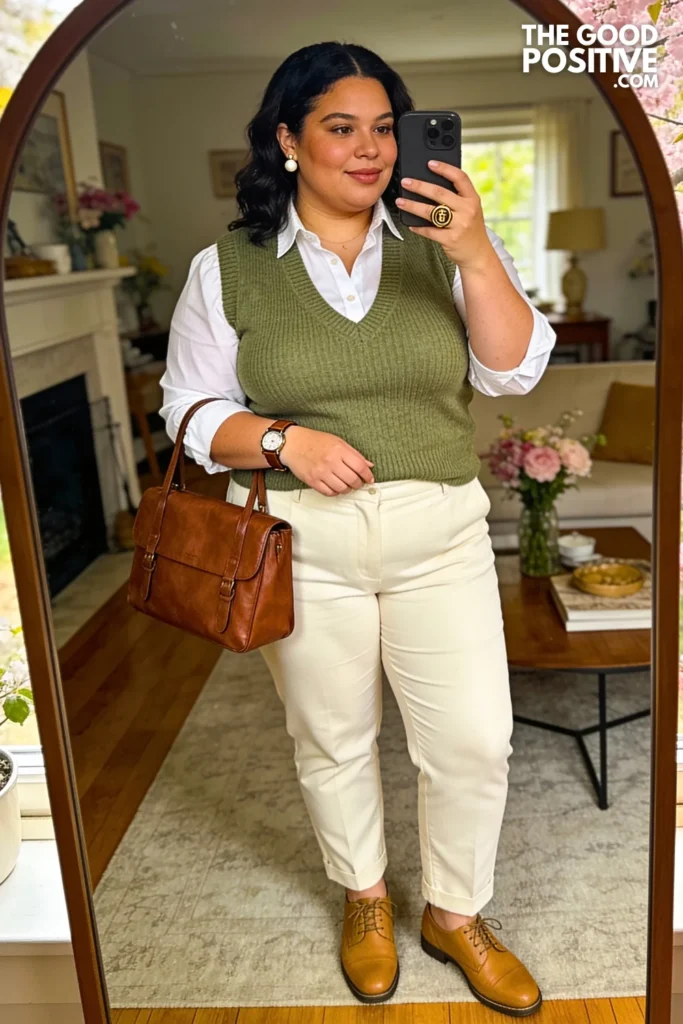 Sage Green Sweater Vest Over White Poplin Shirt With Cream Trousers