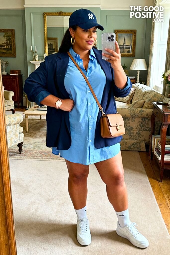 Sky Blue Oxford Shirt Dress With Navy Blazer And White Leather Sneakers