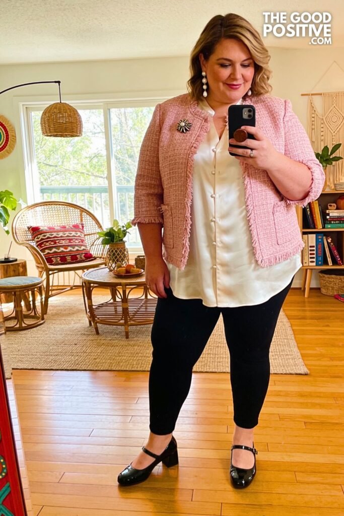 Soft Pink Tweed Jacket With Black Ankle Pants