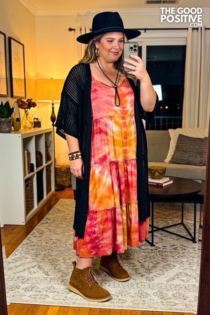 Sunset Tie-Dye Tiered Maxi Dress With Black Cardigan And Brown Suede Booties