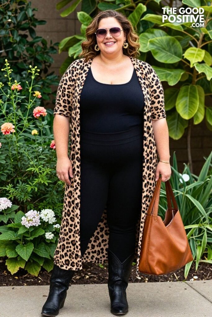 Tan Leopard Print Longline Cardigan With Black Tank And Black Straight Pants