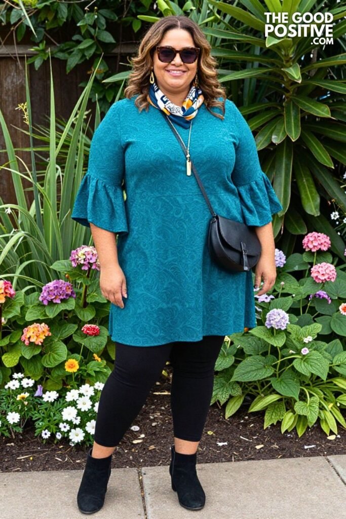 Teal Paisley Print Tunic Dress With Black Leggings And Suede Booties