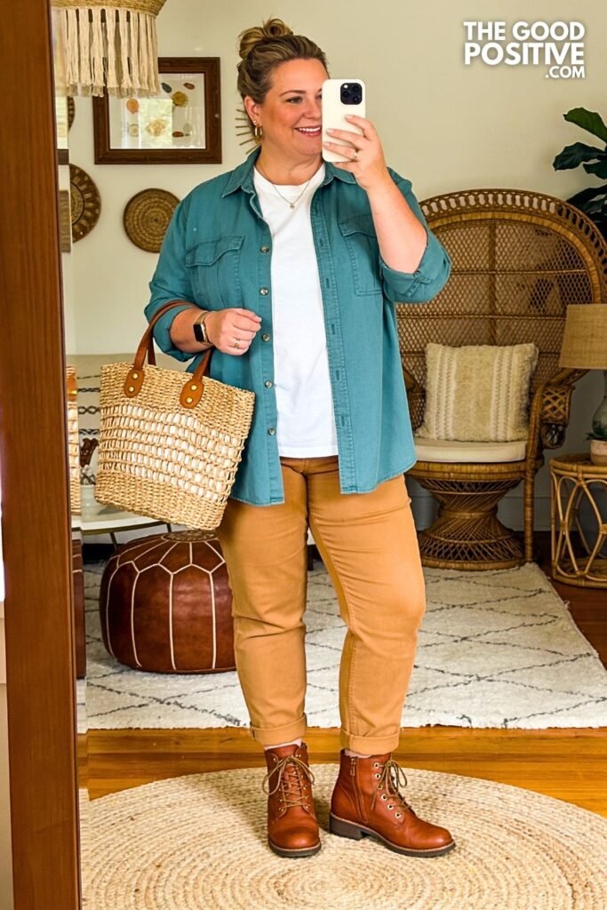Teal Utility Shirt Jacket Over White Tee With Camel Pants