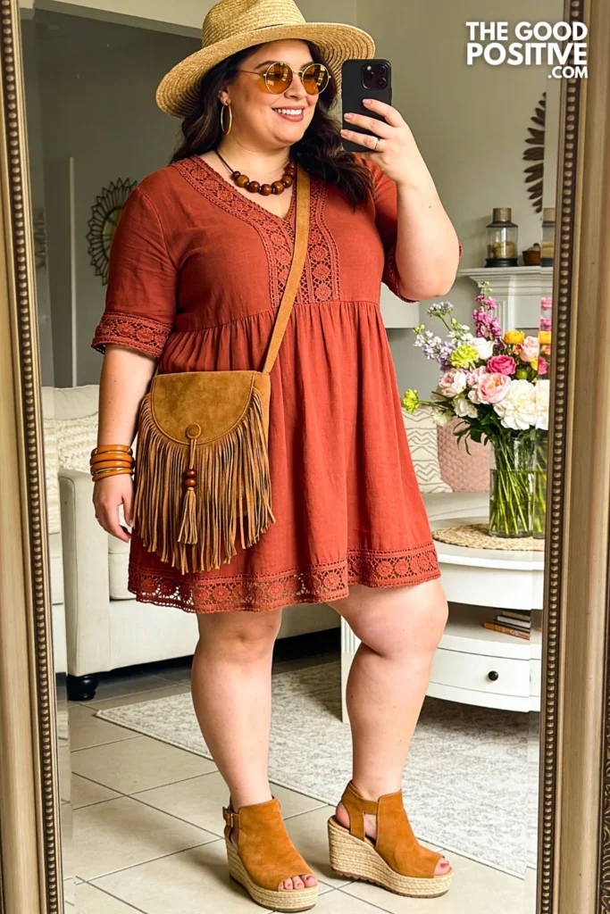 Terracotta Crochet-Trim Tunic Dress With Stacked-Heel Clogs