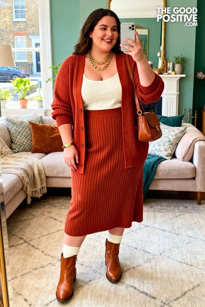 Terracotta Knit Cardigan And Midi Skirt Set With Tan Leather Ankle Boots