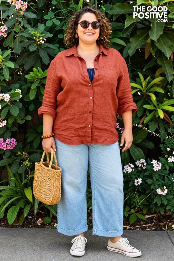 Terracotta Linen Overshirt With Pinstripe Tank And Cuffed Wide Leg Jeans