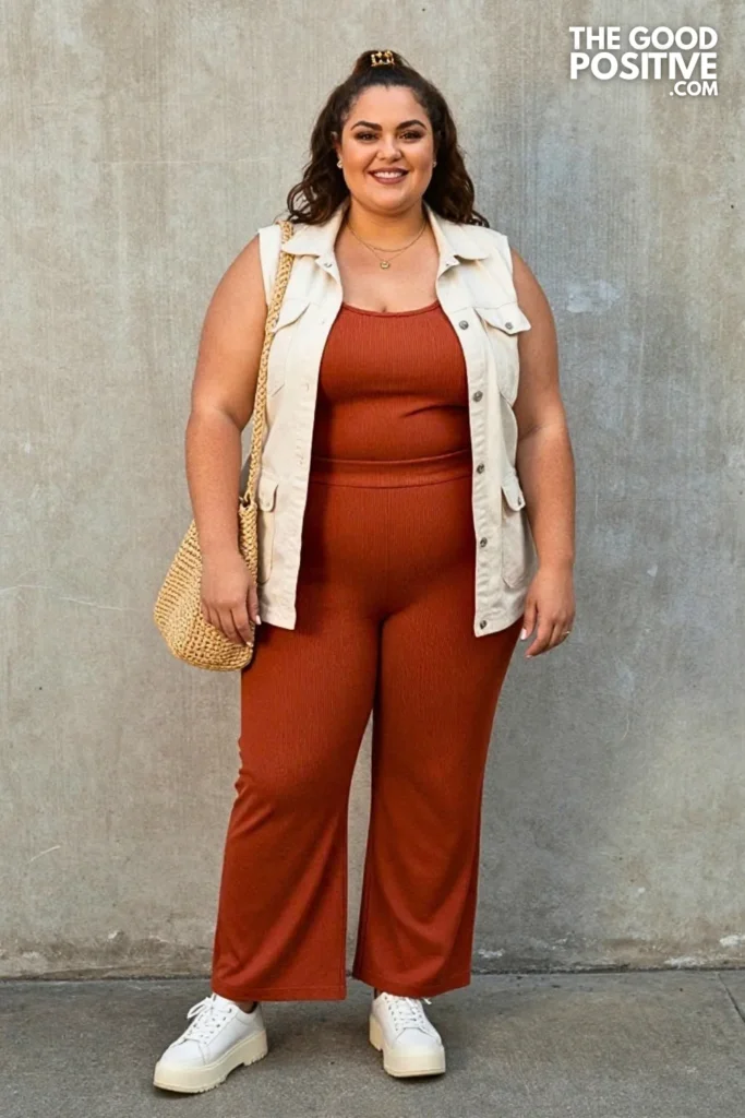 Terracotta Ribbed Lounge Set With Cream Utility Overshirt