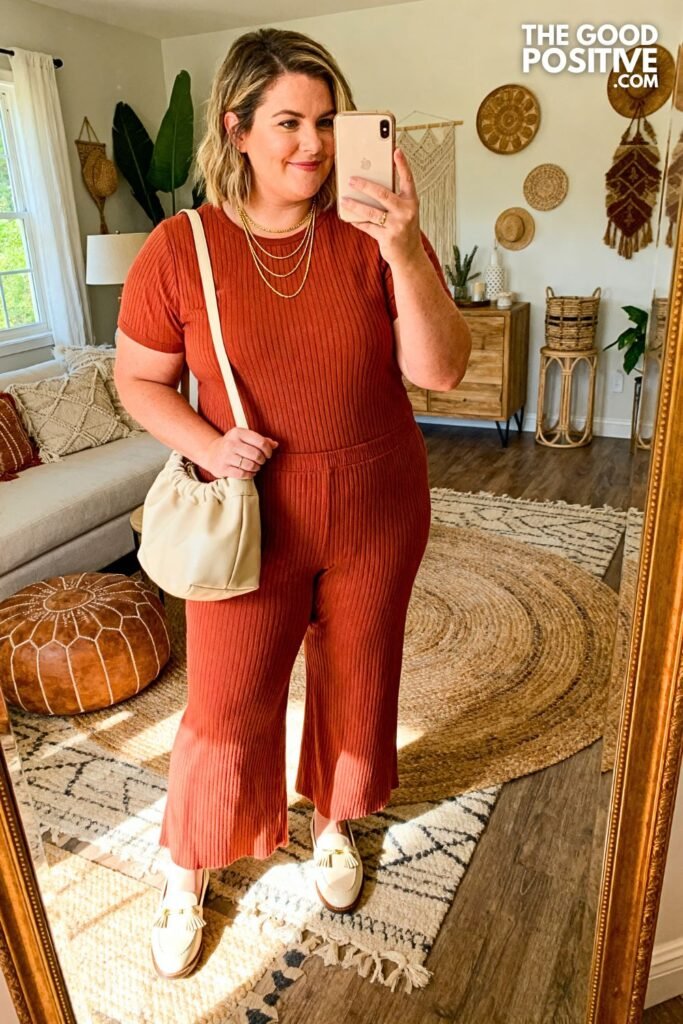 Terracotta Two Piece Knit Set With Cream Loafers
