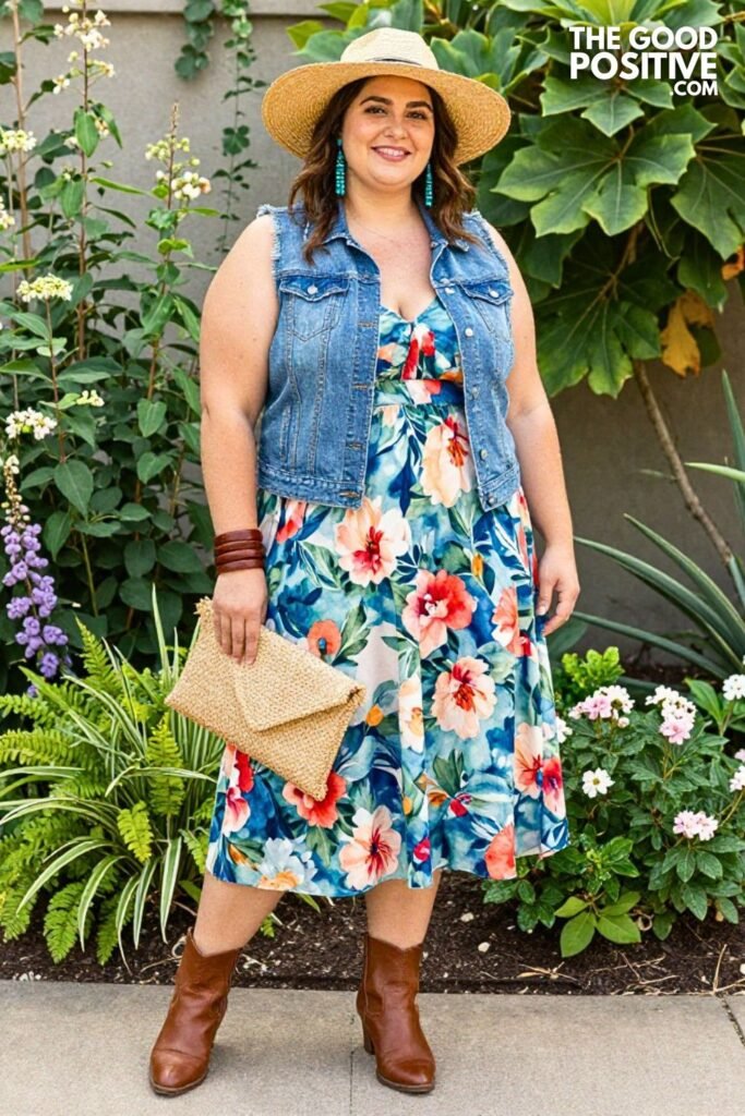 Watercolor Floral Empire Maxi Dress With Longline Denim Vest And Ankle Boots