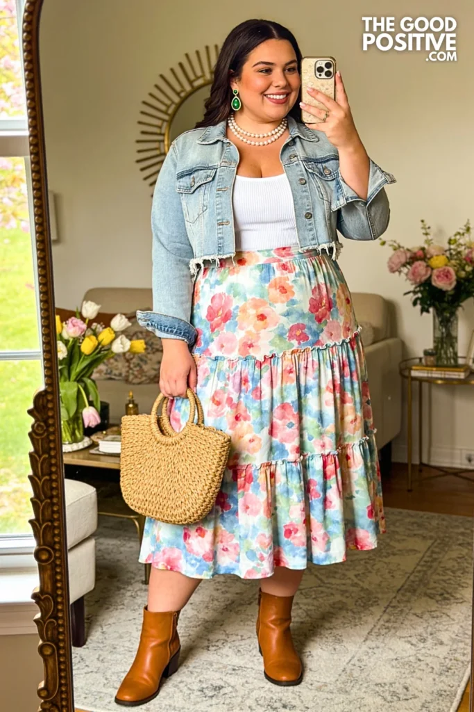 Watercolor Floral Tiered Maxi Skirt With Cropped Denim Jacket