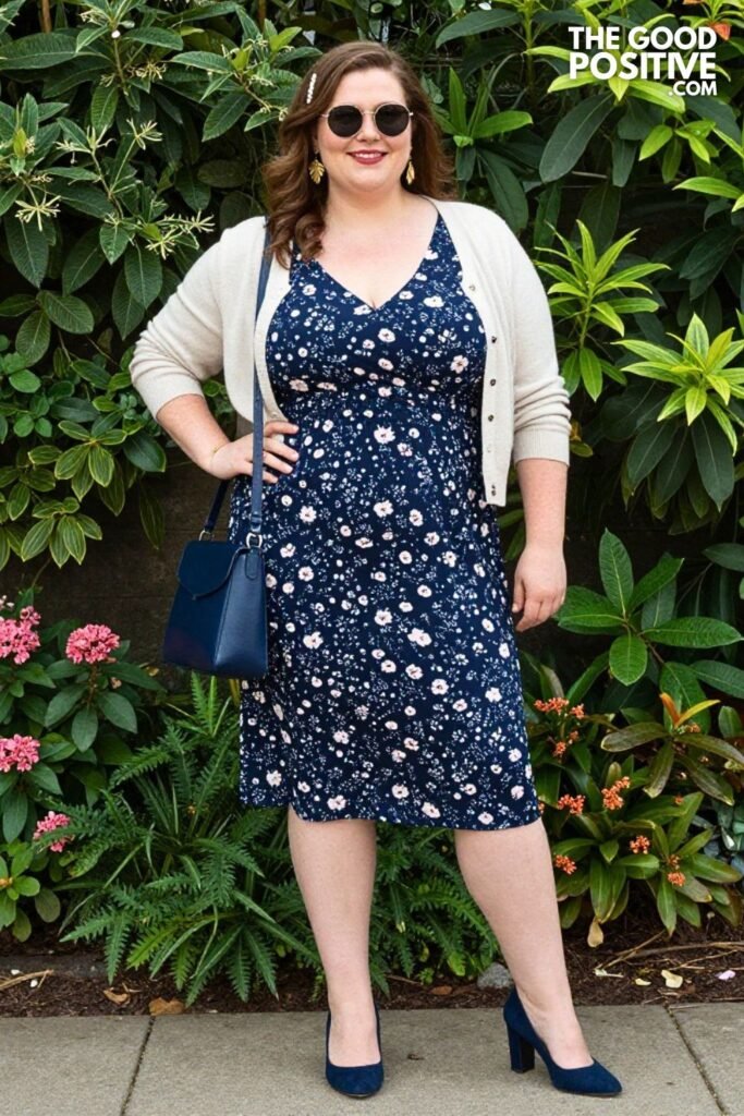 Watercolor Poppy Print V Neck Midi Dress With Cream Cardigan