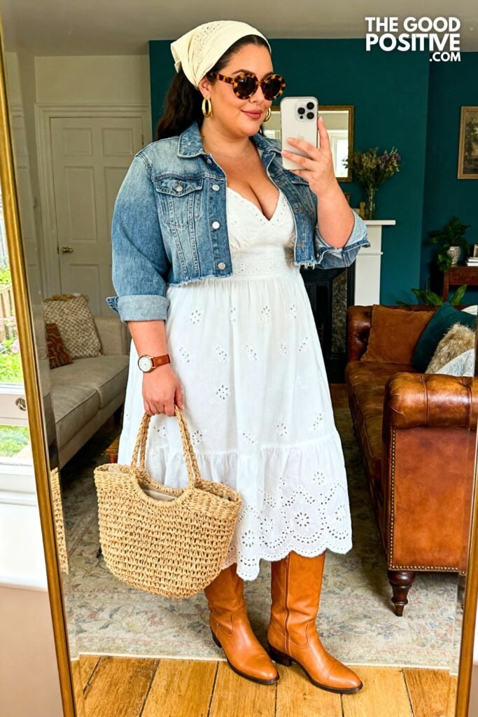 White Broderie Anglaise Midi Dress With Cropped Denim Jacket And Tan Riding Boots