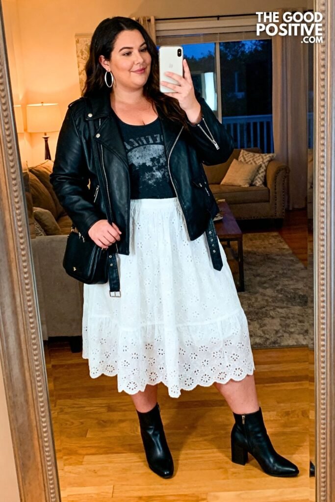 White Eyelet Midi Skirt With Black Moto Jacket, Graphic Tank And Heeled Ankle Boots